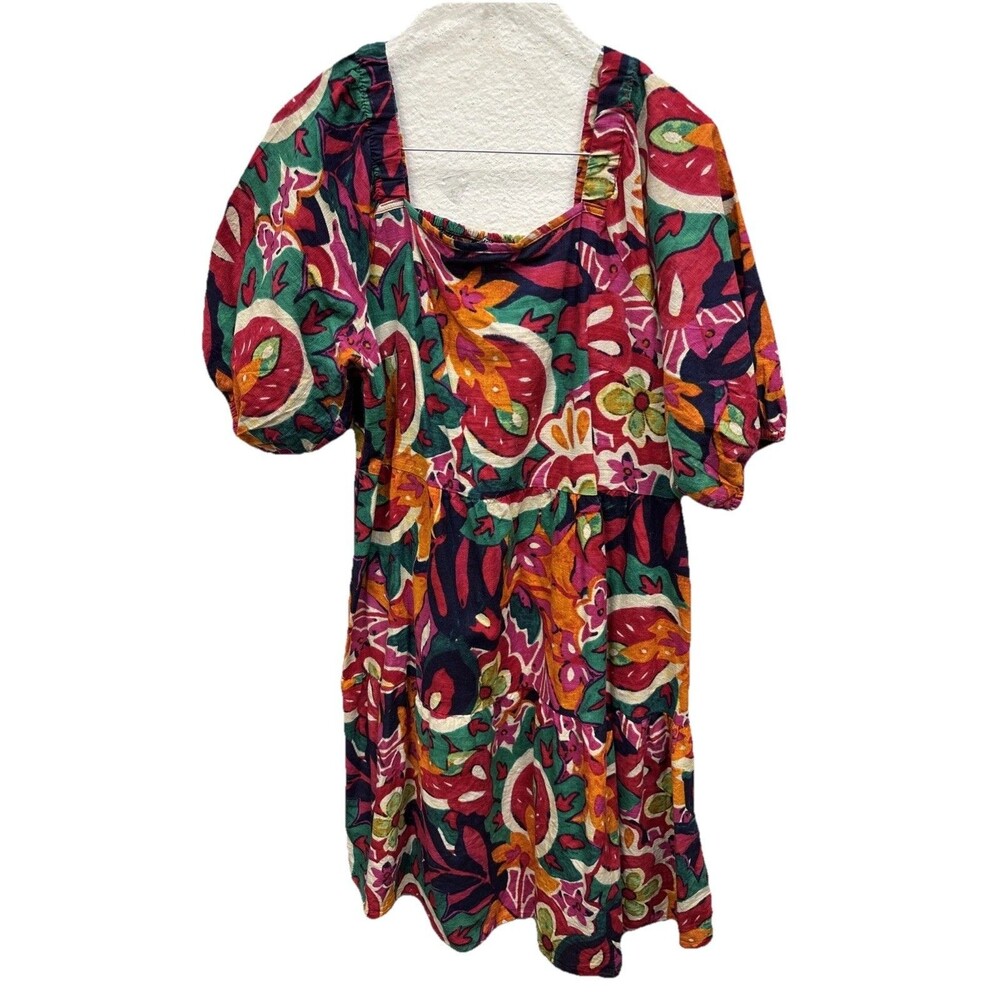 Mlle Gabrielle Tropical Dress Women L Pink Floral Smock Back Beach Boho Peasant